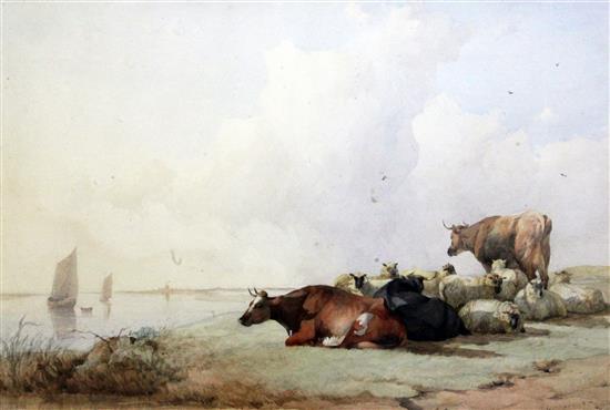 Thomas Francis Wainewright (exh. 1880-1899) Cattle and sheep beside an estuary, 14 x 20in.